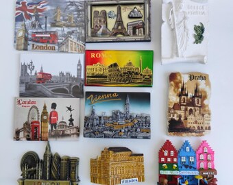 Souvenirs from Europe&#39;s famous capitals. Magnets from London, Rome, Paris, Vienna, Prague, Athens, Brussels. Collectible European magnets.