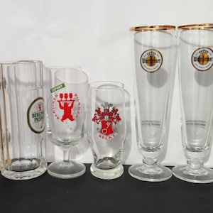 German beer glasses. Beck&#39;s small beer glass. Berliner pilsner beer glass and a mug. 8.5 oz. Warsteiner beer glass. Collectible barware.