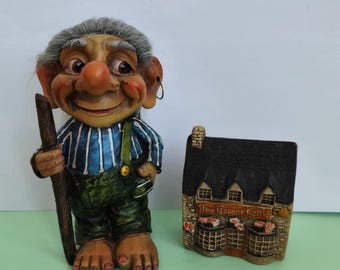 Vintage stone figurines. 5&quot; Scandinavian troll. Souvenir from Sweden. 2&quot; 3D model of The Copper Kettle house. Souvenir from England.