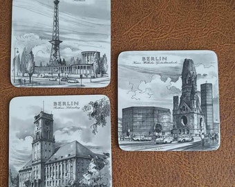 Set of 3 Berlin cork coasters. Vintage German souvenir. Drink coasters made from cork. Black and white graphic images of Berlin landmarks.