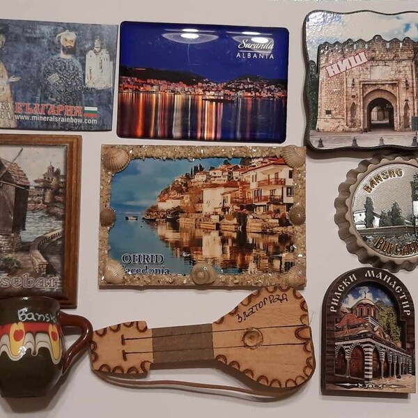 Balkan magnets. Souvenirs from the Balkans. Macedonia, Serbia, Bulgaria, Albania magnet. Nessebar, Ohrid, Zlatograd, Bansko, Saranda magnets