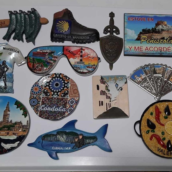 Spanische Magnete. Souvenirs aus Spanien. Madrid, Seville, Gibraltar, Malaga, Cordoba, Valentino, Cadiz, Marbella Magneten. Seltene Magnete