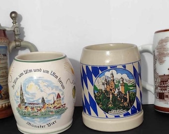 Tazas de cerveza de cerámica vintage: azul holandés Heineken Delft, griego, español Tenerife, alemán Munster, Weiden, castillo de Neuschwanstein