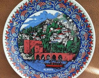 Alanya medium porcelain wall plate. Vintage souvenir from Turkey. Collector's souvenir. Turkish art wall plate. Collector's rare plate.