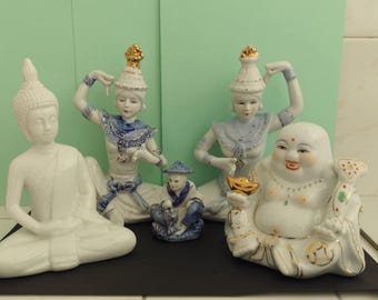 ヴィンテージタイの踊る仏像 – 青と金のディテールが施された虹色の