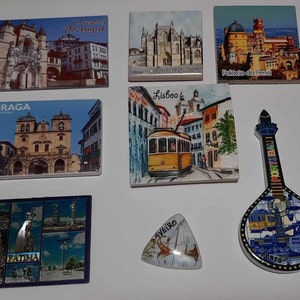 Imanes portugueses. Recuerdos de Portugal. Imanes de Lisboa, Coimbra, Aveiro, Oporto, Batalha, Fátima, Braga, Palacio de Pena. Imán coleccionable