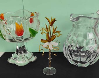 Czech lead crystal glass bowl, jug, hors d&#39;oeuvre and flower with stand. Souvenirs from Prague. Made by &quot;Bohemian Crystal&quot; Czech Republic.