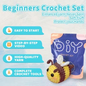 May include: A Beginners Crochet Set featuring a purple DIY crochet kit bag and a small crocheted bee with yellow and brown stripes. Text includes Beginners Crochet Set, Easy to Start, Step-by-Step Video, High-Quality Yarn, and Complete Crochet Tools.