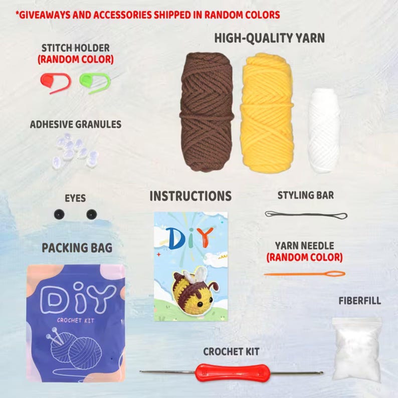 May include: A DIY crochet kit containing brown, yellow, and white yarn, a red-handled crochet hook, a yarn needle, fiberfill, two black eyes, adhesive granules, stitch holders, a styling bar, an instruction card, and a purple packing bag.