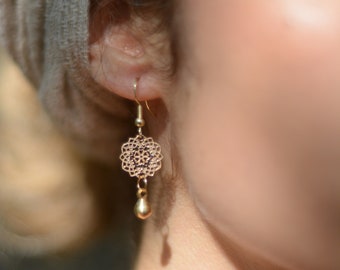 Boho earring, 925 silver earring, Flower of life earring, gold rosette drop earring, Minimalist jewelry