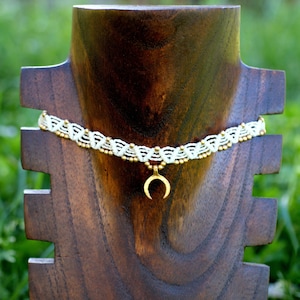 Ethnic necklace, macrame choker, bohemian necklace, gold choker necklace, brass pendant, crescent moon choker, hippie festival necklace