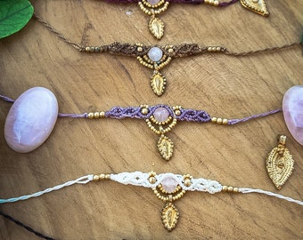 Boho-Makramee-Kristall-Halsband, ethnische Halskette aus Naturstein, Rosenquarz, Boho-Halskette, Hippie-Makramee-Mondstein-Halskette