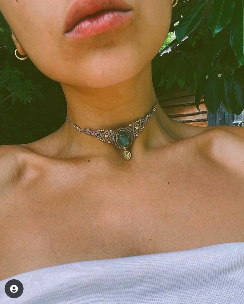 Choker macrame hippie, Collier pierre naturelle bohème, Pierre de lune labradorite lapis lazuli Choker laiton doré boho Collier personnalisé image 1