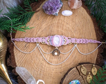 Gargantilla bohemia de macramé con piedra lunar, collar de piedra natural, gargantilla boho, collar hippie de labradorita, colgante de luna dorado