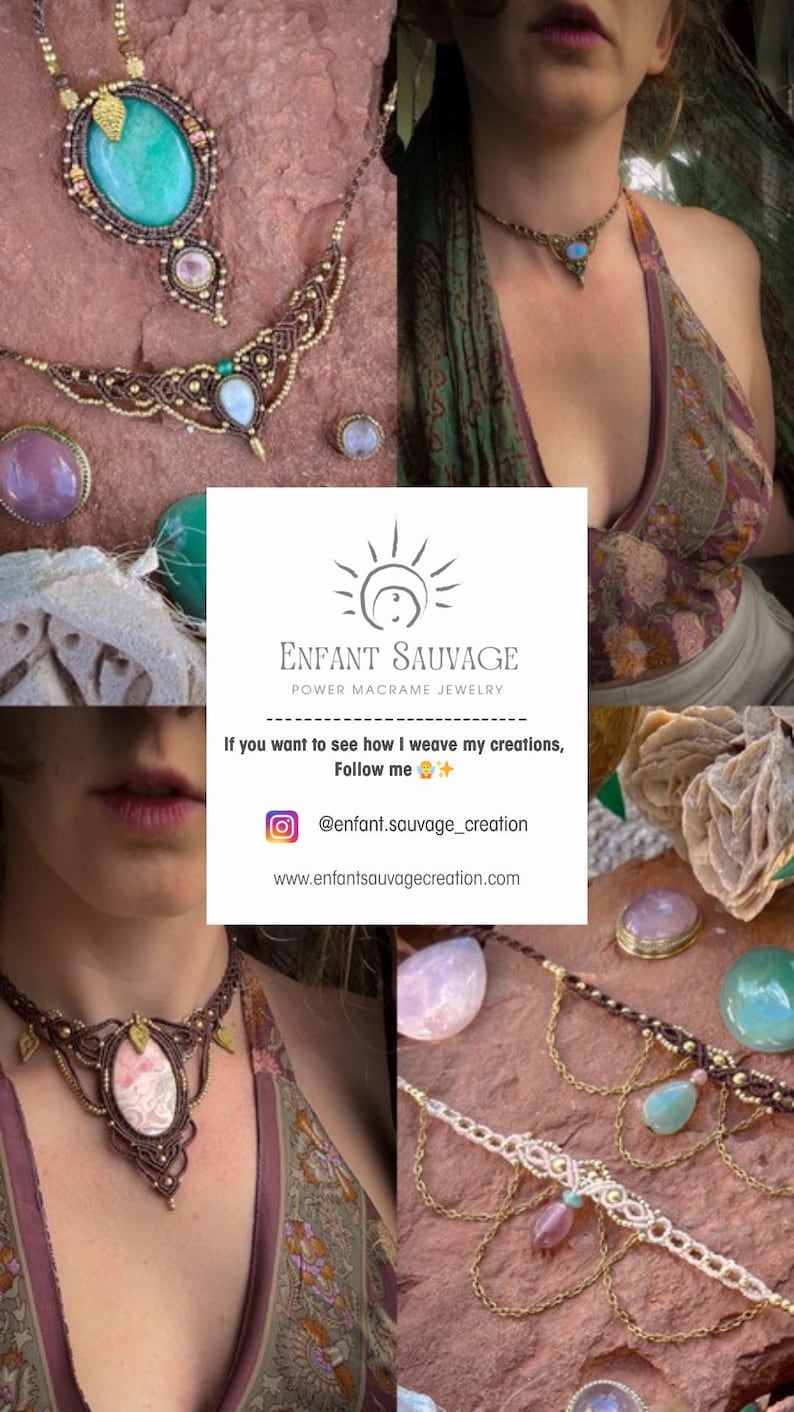 May include: Image featuring macrame jewelry with turquoise, pink, and clear gemstones. The jewelry includes necklaces and a ring. The image also displays the brand's logo and social media information: @enfant.sauvage_creation and www.enfantsauvagecreation.com.
