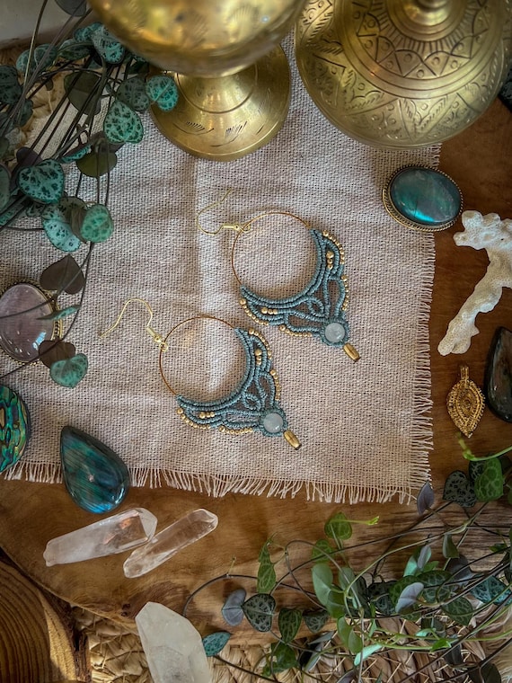 Boucle d'oreille macramé laiton, boucles d'oreilles pierre naturelle, pierre de lune, argent 925, ethnique, hippie, Créole boho bali doré
