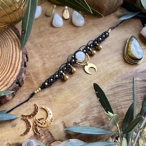 Crystal Choker, gold choker necklace, crescent moon pendant, natural stone necklace, witch hippie boho choker, macrame moonstone necklace