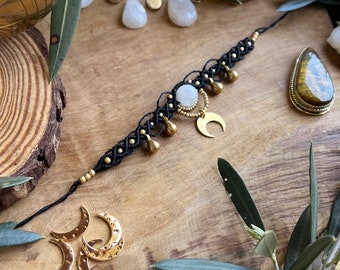 Crystal Choker, gold choker necklace, crescent moon pendant, natural stone necklace, witch hippie boho choker, macrame moonstone necklace