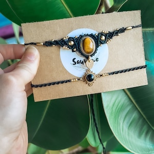 Crystal macrame choker, gold choker necklace, natural stone necklace, labradorite necklace, moonstone turquoise, hippie boho ethnic necklace Black Tiger's eye