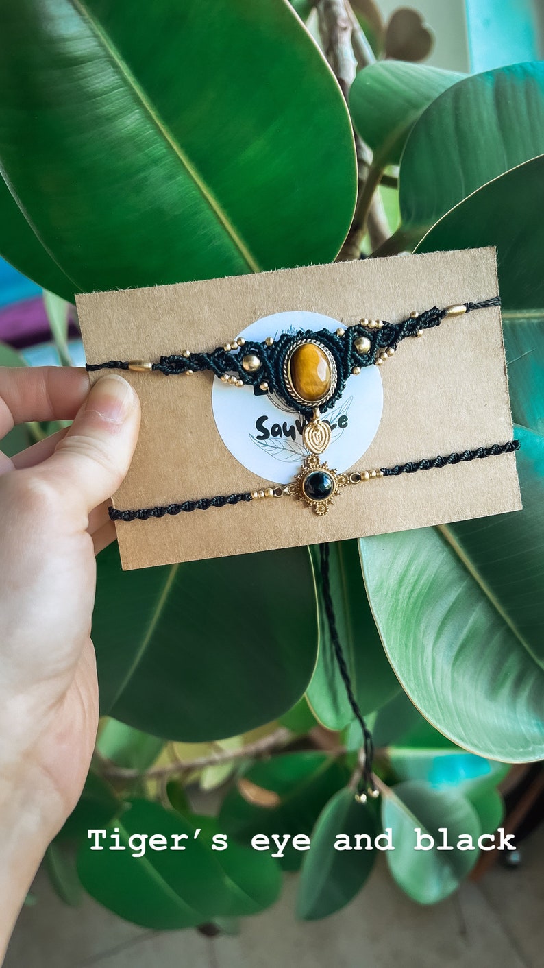 Crystal macrame choker, gold choker necklace, natural stone necklace, labradorite necklace, moonstone turquoise, hippie boho ethnic necklace Black Tiger's eye