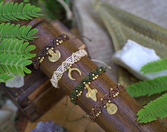 Macrame bracelet, brass charms bracelet, woven bohemian bracelet, boho gift for her, fairy bracelet, gold bracelet charms, tribal bracelet