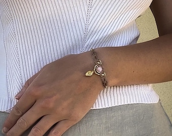 Hippie macrame bracelet, golden brass bead bracelet, natural stone bracelet, rose quartz, bohemian festival bracelet, surfer boho bracelet