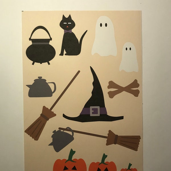 Halloween stickers, hatt, kvast, spöke, katt, pumpor, kittel
