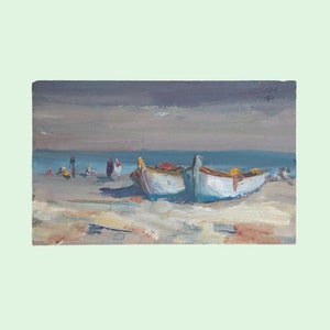 Dipinto olio originale su cartone 40x25 cm di Giovanni Carena “Marina con gozzi e bagnanti"  (1984) con Certificato di autenticità