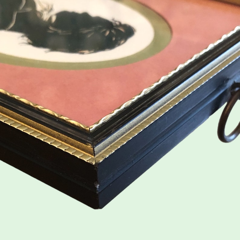 Puede incluir: Un marco de madera negro con un borde dorado rodea una montura rosa con un borde interior verde. El marco tiene un anillo de metal decorativo en el lateral.