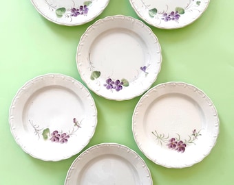 Set di 6 Piatti da dessert Vintage Ceramica Revelli Laveno - Violette - Ceramica Italiana Metà Novecento - Stile Rustico e Cottagecore