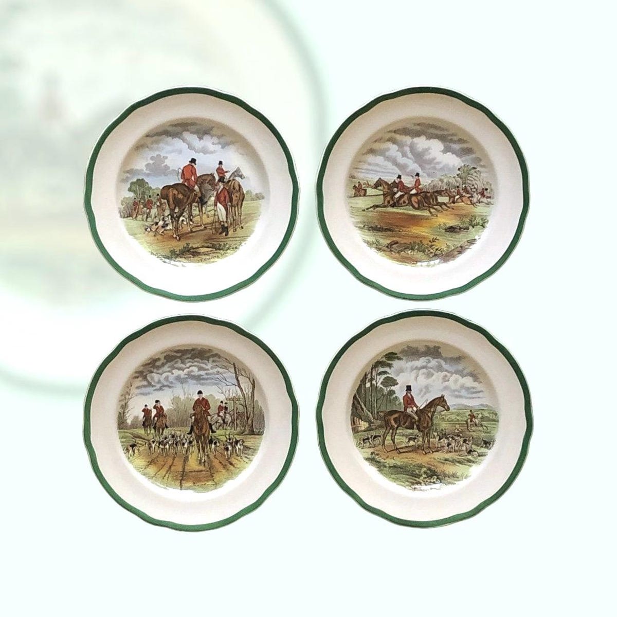 Set of Four Copeland Spode "the Hunt" Dessert Plates With Designs by J.F. Herring
