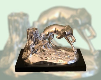 Vintage Ottaviani sculpture “Hunting dog and hare” from the 1980s covered in silver, gift for hunting enthusiasts