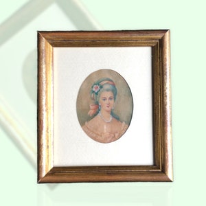 Ritratto in miniatura anni '30 con cornice in legno - Disegno a tecnica mista su carta di donna dell'Ottocento
