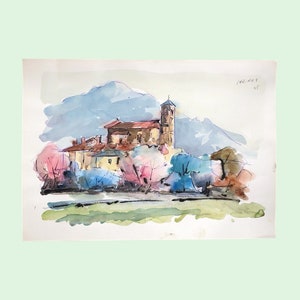 Acquerello originale 50x35 cm di Giovanni Carena “Paesaggio di campagna con chiesa e campanile” con Certificato di autenticità
