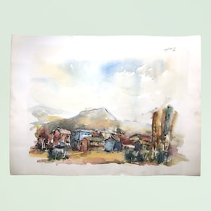 Acquerello originale 76x56,5 cm di Giovanni Carena “Piccola borgata immersa nel paesaggio autunnale” (1974) con Certificato di autenticità