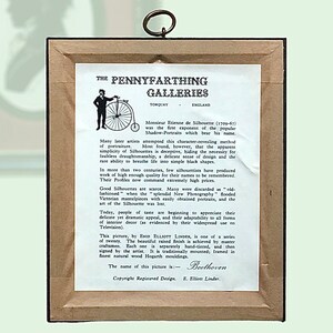 Puede incluir: Una silueta en blanco y negro enmarcada de una persona con el texto "The Pennyfarthing Galleries" y "Beethoven" impreso debajo de la imagen. El texto tambi&eacute;n incluye informaci&oacute;n sobre la historia de las siluetas y la artista Enid Elliott Linder.