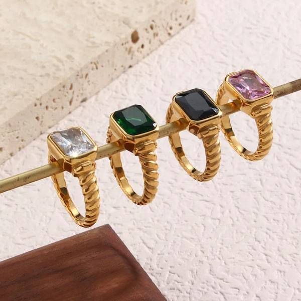 Simple Style Square Stainless Steel Rings Plating Zircon Stainless Steel Rings - Green