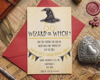 gender reveal party invitation, wizard or witch what will it be, printable card, send digitally, personalize yourself , unique magic shower