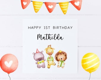 Personalised 1st 2nd 3rd Birthday Card, First Birthday Card for Girls Boys, any age Birthday card, Jungle Safari animal 1st first Birthday