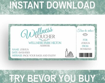 Wellness Voucher Gift - EDITABLE Text - Spa Day- Printable Gift -  Personalised Ticket - INSTANT DOWNLOAD