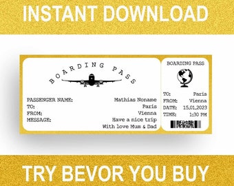 Aircraft Surprise - Personalise Boarding Pass - Printable Airline Ticket - Travel Gift For Him - Her Holiday Surprise