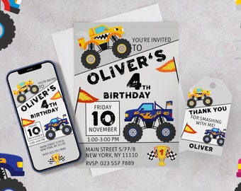 Monster Truck Birthday Party Invitation Editable Template Monster Truck Card Crash And Smash Digital Invitation Instant Download Bundle