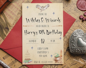 magical birthday party invitation, personalize yourself, printable card, Witches and Wizards, unique birthday invite, send digitally