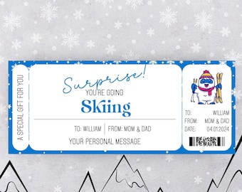 Ski Ticket Winter Activities Printable Surprise Trip Reveal Gift Certificate Template Creative Personalized Gifts For Sports Lovers Ski Trip