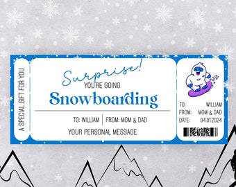 Snowboarding Trip Winter Activities Printable Surprise Trip Reveal Gift Certificate Template Creative Personalized Gifts For Sports Lovers