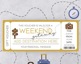 Weekend Getaway Ticket Gift Certificate Template Creative Personalized Gifts Printable Love Coupons For Him Trip Ticket Soul Sister Gift