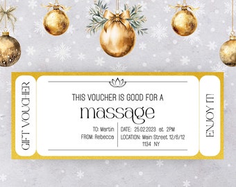 Massage Voucher Christmas Gift Certificate Full Body Massage Printable Gift Spa Day Personalised Christmas Ticket Instant Download