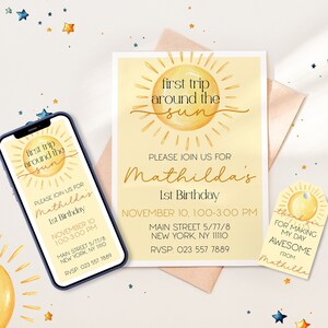 Paquete de tarjetas para el primer cumpleaños Aquí viene el sol Plantilla de invitación para fiesta de cumpleaños Primer viaje alrededor del sol Plantilla de dos dulces cumpleaños