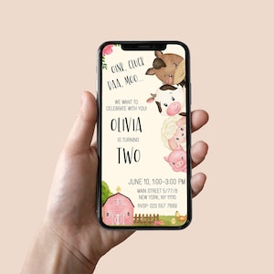 Invitación de fiesta de cumpleaños de granja de granero rosa Invitación digital personalizada para un dulce Oink Baa Moo Im Two Enviar mensaje Descarga instantánea