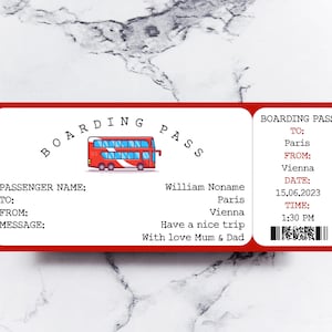 Billet de bus modifiable Bon cadeau personnalisé Carte d'embarquement Cadeau de voyage pour elle Billet d'escapade pour lui Coupon de voyage Révélation des fêtes modifiable